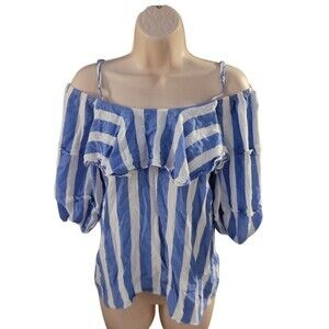 Coverstitched Blue/White Striped Cold/Open Off-Shoulder Blouse Size Small